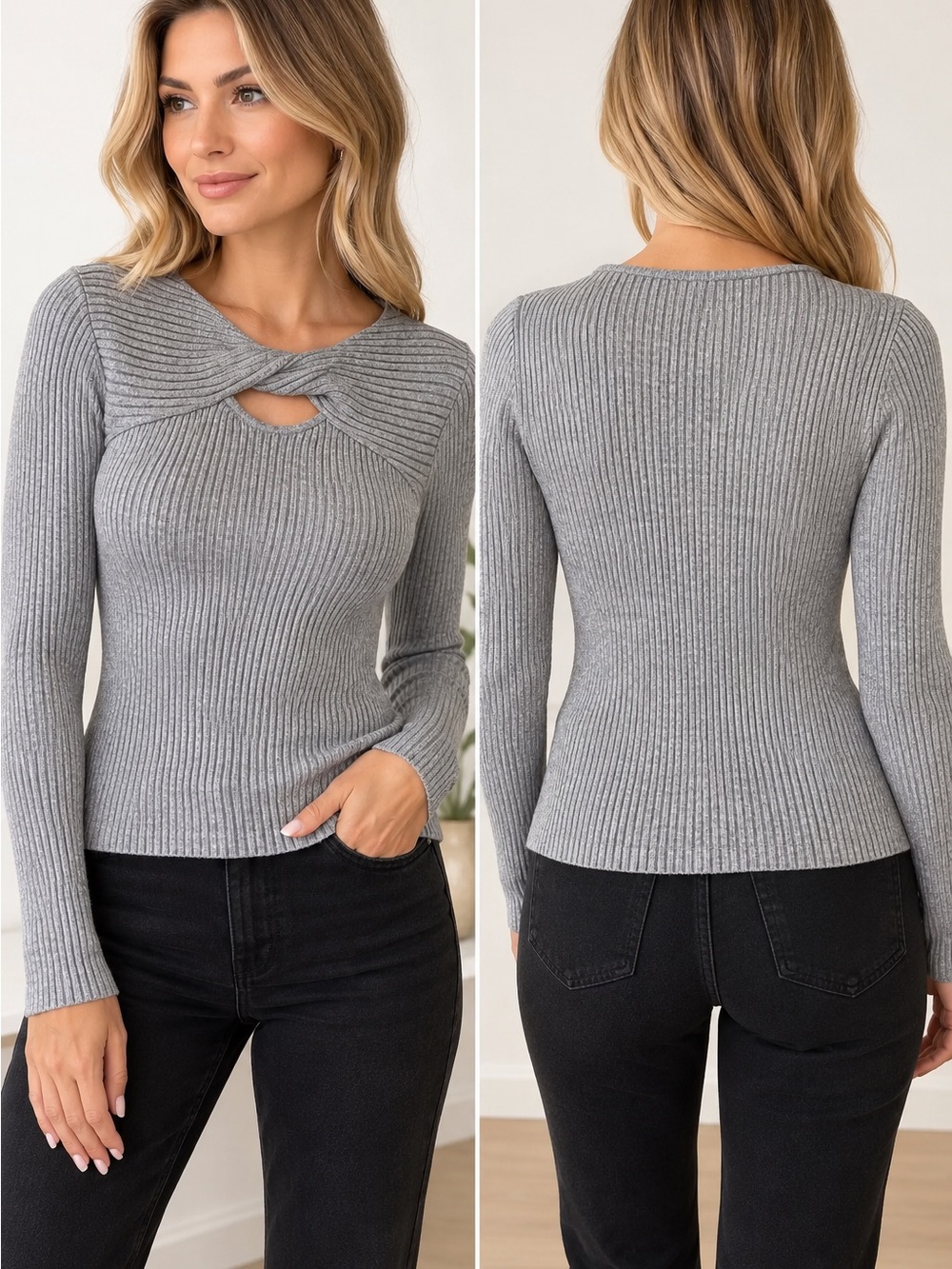 Gracia Gray Ribbed Twist Front Keyhole Long Sleeve Sweater Top M